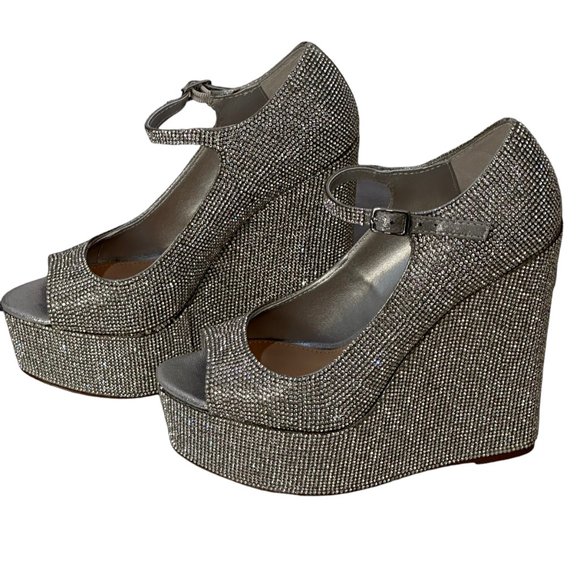 (9-228) Steve Madden Silver Rhinestone Platform Wedge Heels - Picture 11 of 14